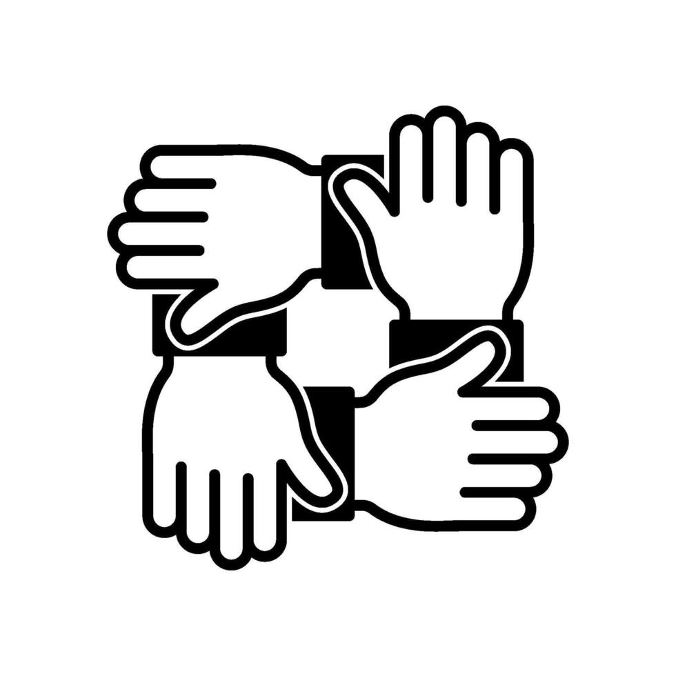 Collaboration icon with four hands holding each other's arms vector