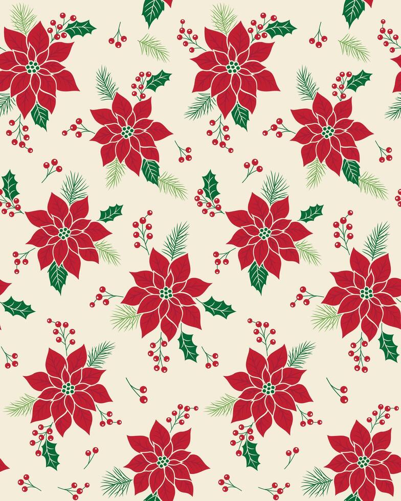 Seamless Christmas Poinsettia With Holly Leaves Berry And Fir On Natural Background vector