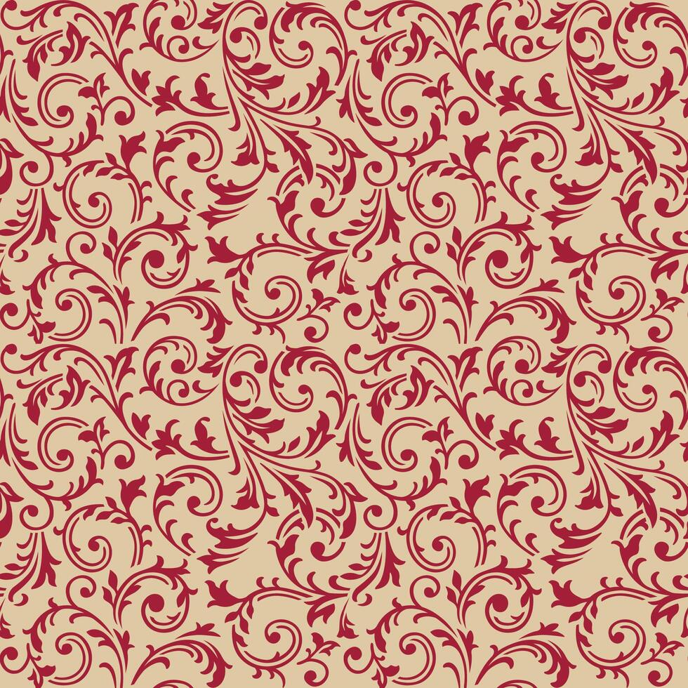 Seamless Red Swirl Scroll Pattern On Natural Background vector