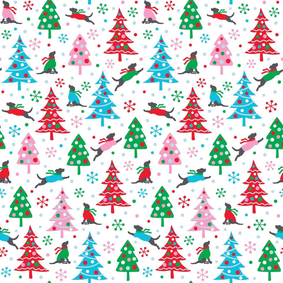 Seamless Christmas Fun Tree With Dogs Pattern vector
