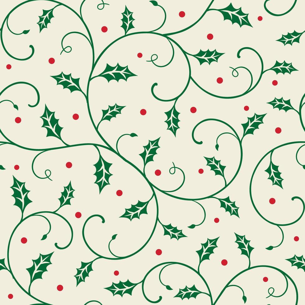 Seamless Christmas Holly Leaves With Swirl Pattern vector