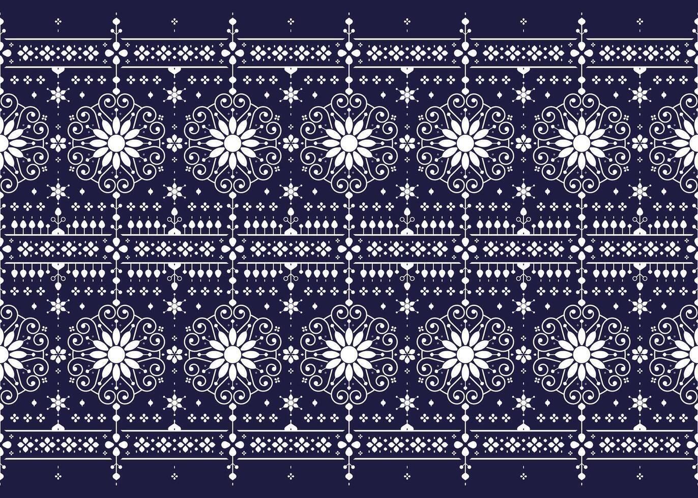 White mandalas and symbol floral on dark blue background, ethnic fabric seamless pattern, design for cloth, carpet, batik, wallpaper, wrapping etc. vector