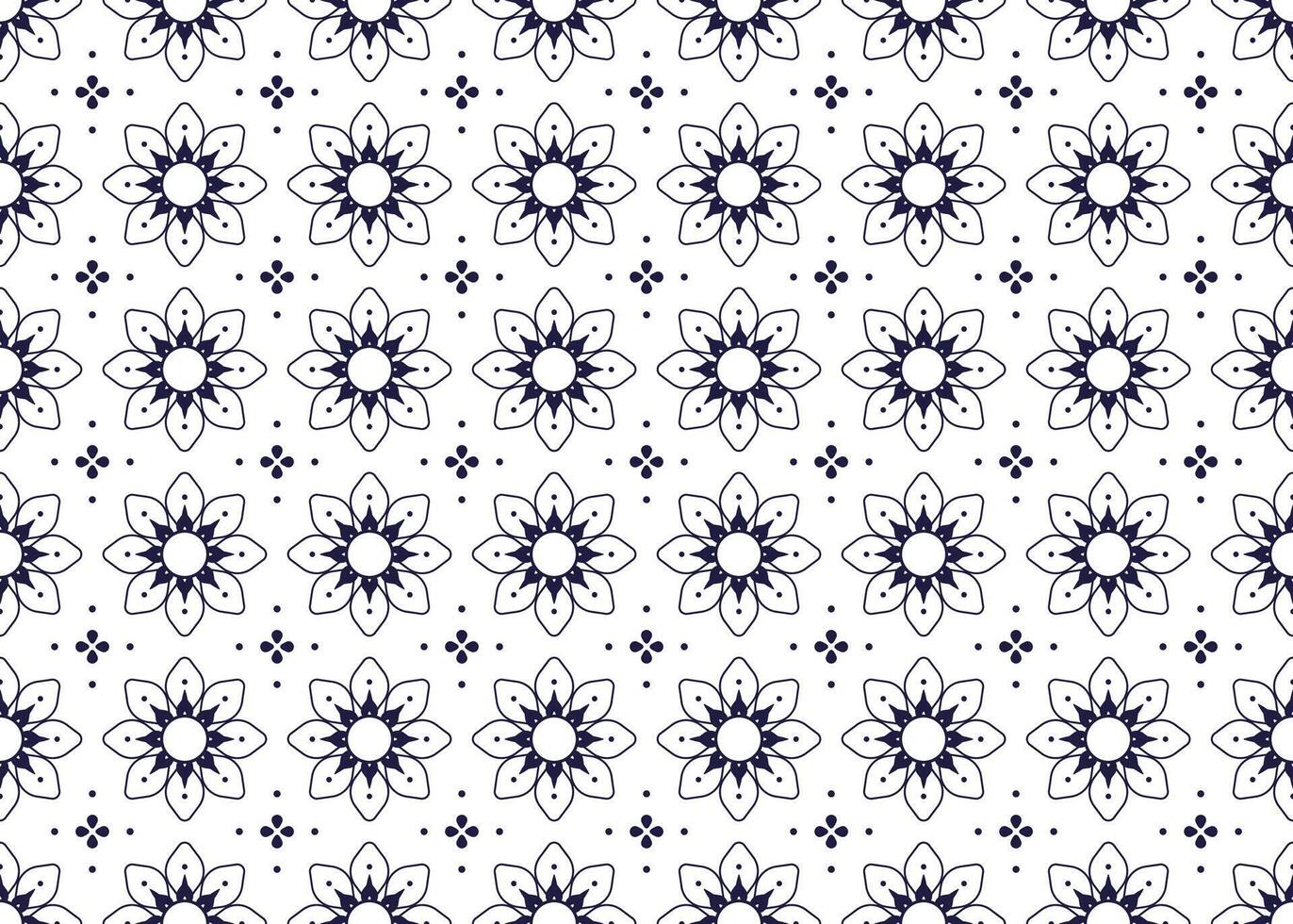 line floral blooming dark blue on White background, ethnic fabric seamless pattern, design for cloth, carpet, batik, wallpaper, wrapping etc. vector