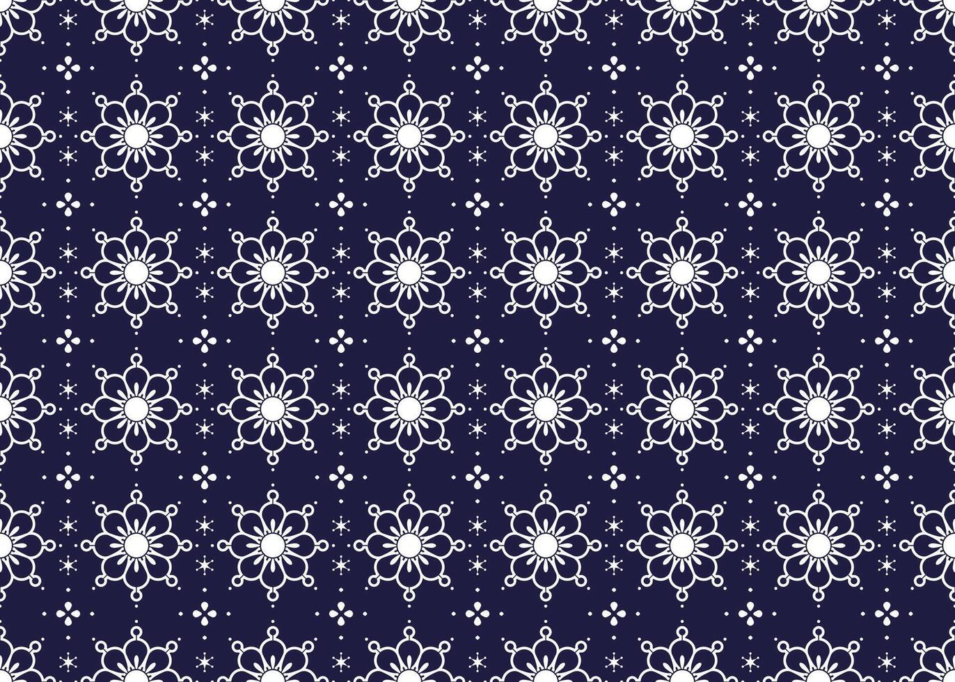 White symbol floral on dark blue background, ethnic fabric seamless pattern, design for cloth, carpet, batik, wallpaper, wrapping etc. vector