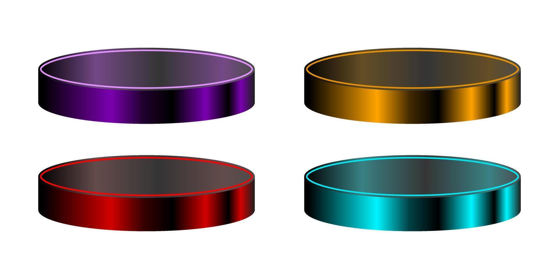 Bundle of purple, red, blue, yellow gradient light podiums for advertising, product display, technology style. vector