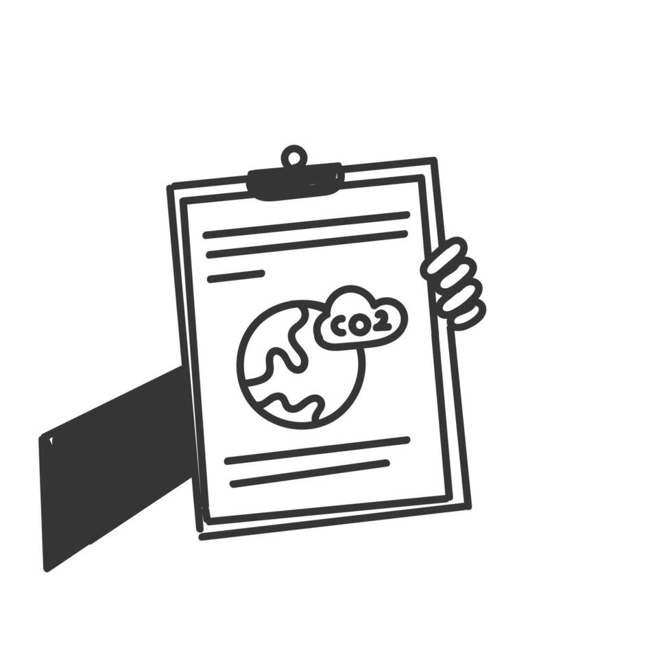 a hand holding a clipboard with a paper with a globe co2 on it vector