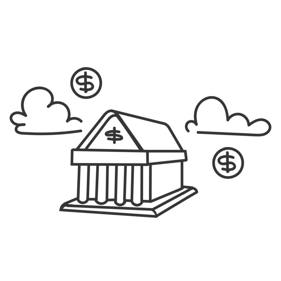 a bank building with dollar signs and clouds vector