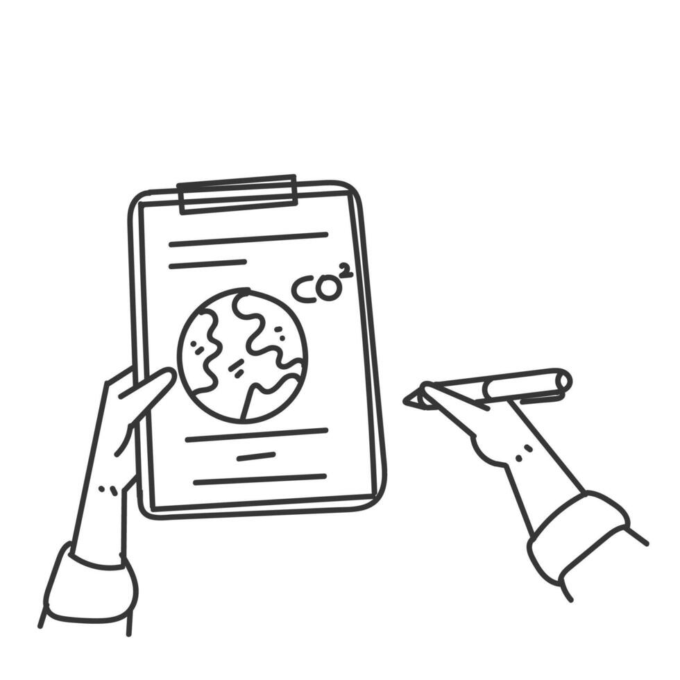 hand holding a clipboard with a paper with a globe emission symbolon it vector
