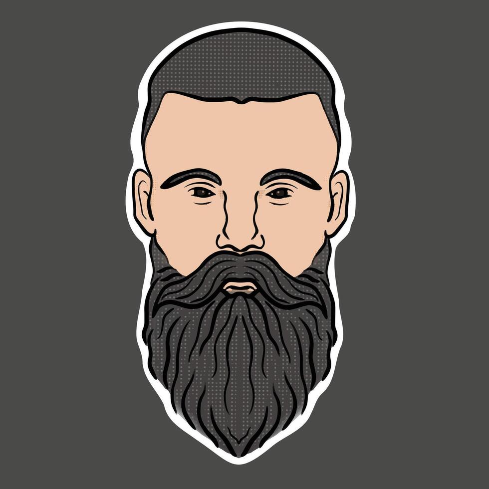 Illustration of Male head with beard and mustache and dark background. Portrait of a bearded and mustache man with dark hair. Abstract male portrait, full face. vector