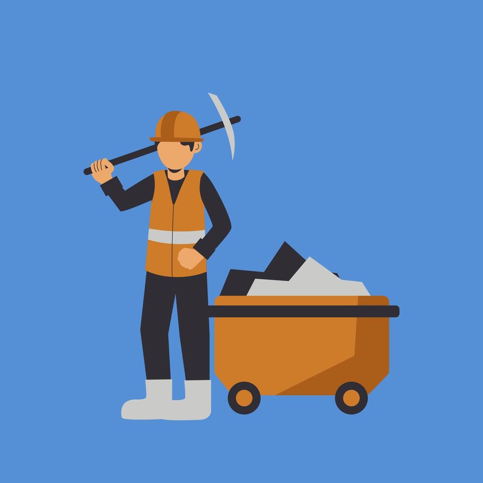 A man in a hard hat and orange vest is holding a pickaxe vector