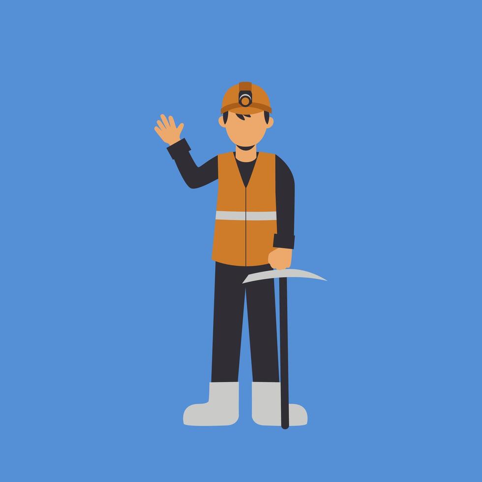 A man in a hard hat and orange vest is holding a pickaxe and waving vector