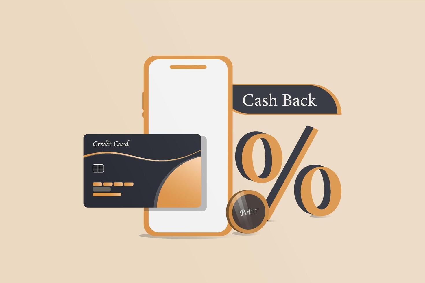A cell phone with a credit card and a percentage sign on it vector