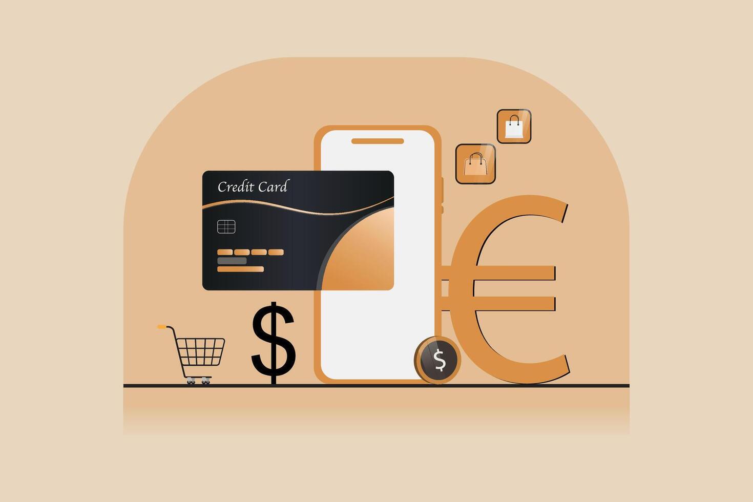 A credit card is shown next to a cell phone and a shopping cart vector