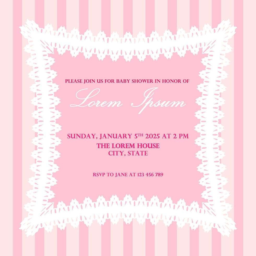 Delicate baby shower invitation with vintage lace frame. Soft pink background with vertical stripes. Feminine design with nostalgic charm. White lace pattern adds elegance. Vintage-themed invitation. vector