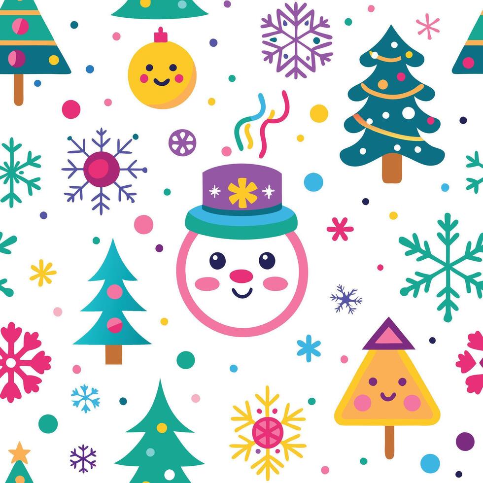 a snowman and christmas trees are shown in this pattern vector