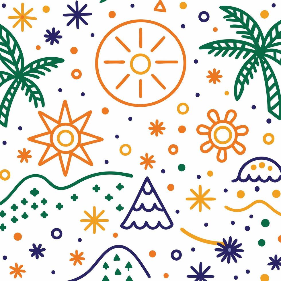 a colorful pattern with palm trees, sun and stars vector
