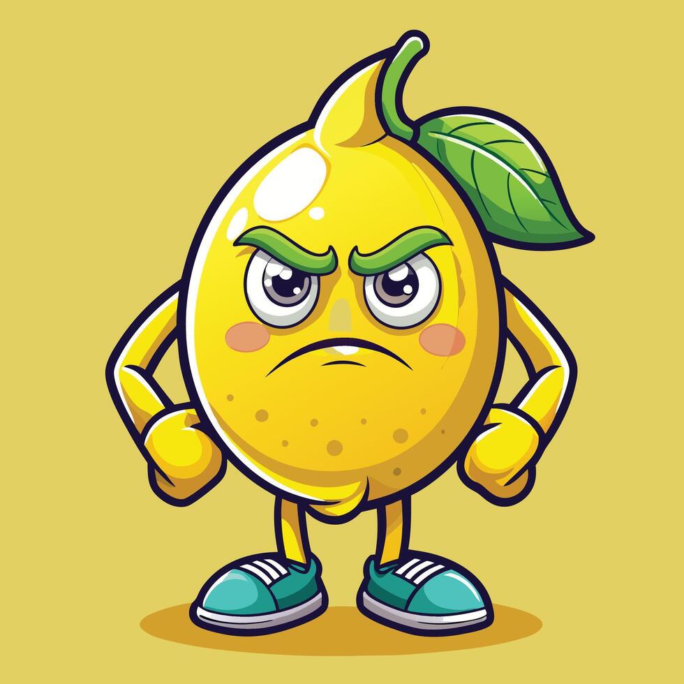 an angry lemon character with a green leaf on its head vector