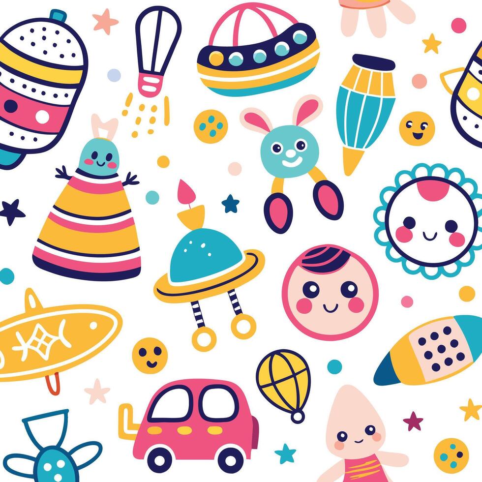 a colorful pattern with various toys and objects vector