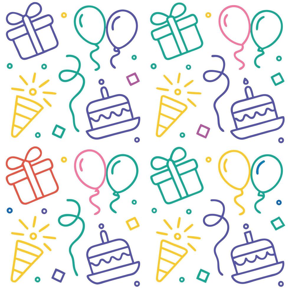 birthday seamless pattern with birthday cake, balloons and confetti vector