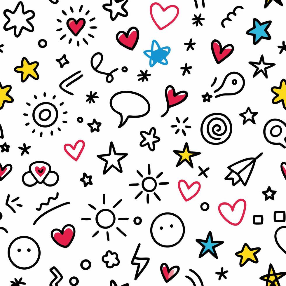 seamless pattern with doodle icons and hearts vector
