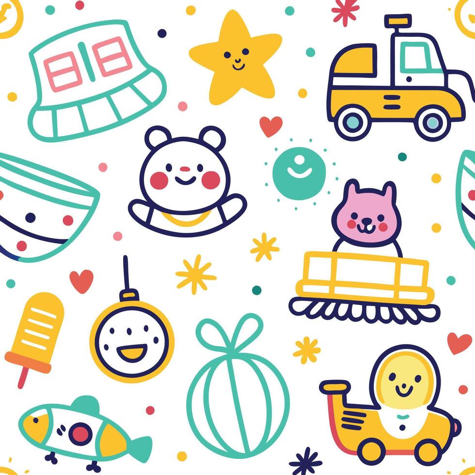 a colorful pattern with toys and other items vector