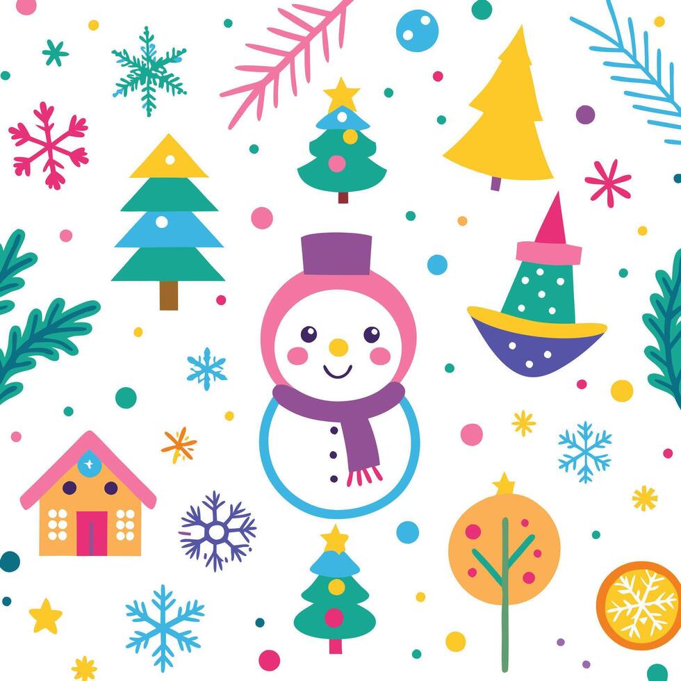 christmas snowman and trees on white background vector