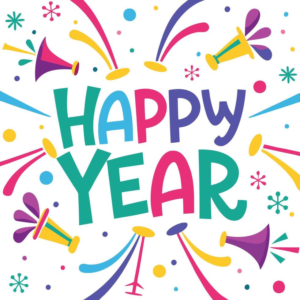 happy new year greeting card with colorful fireworks and bells vector