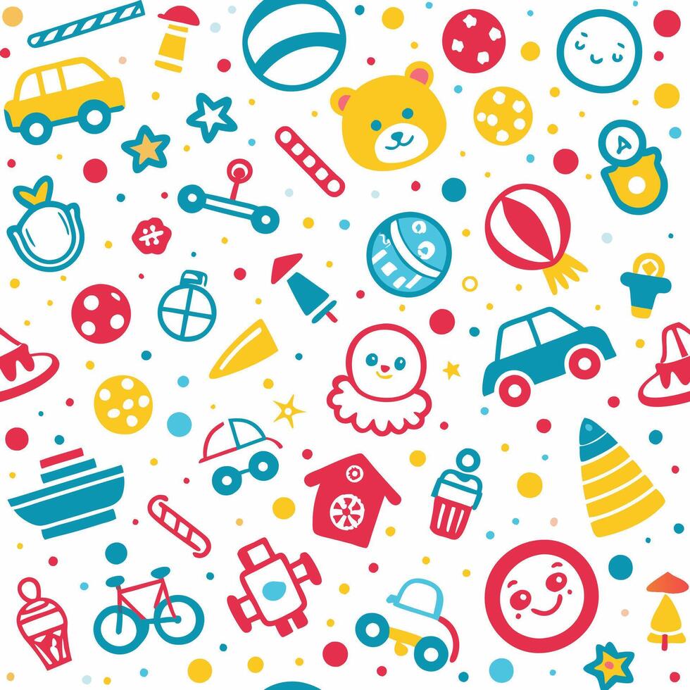 a colorful pattern with toys and other items vector