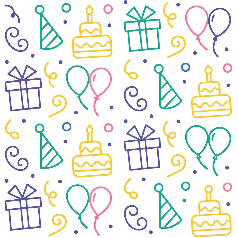 birthday seamless pattern with birthday cake, balloons and confetti vector