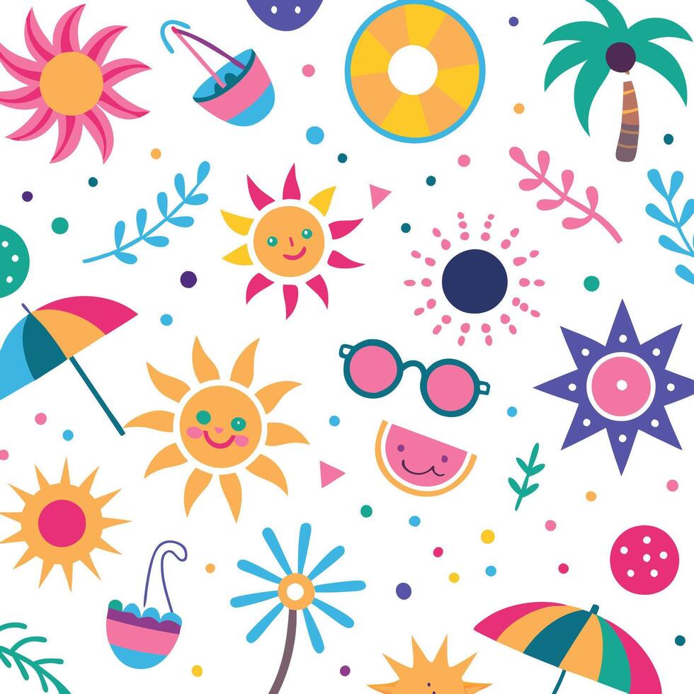 summer seamless pattern with sun, sunglasses, umbrella, palm tree, beach ball, beach umbrella vector