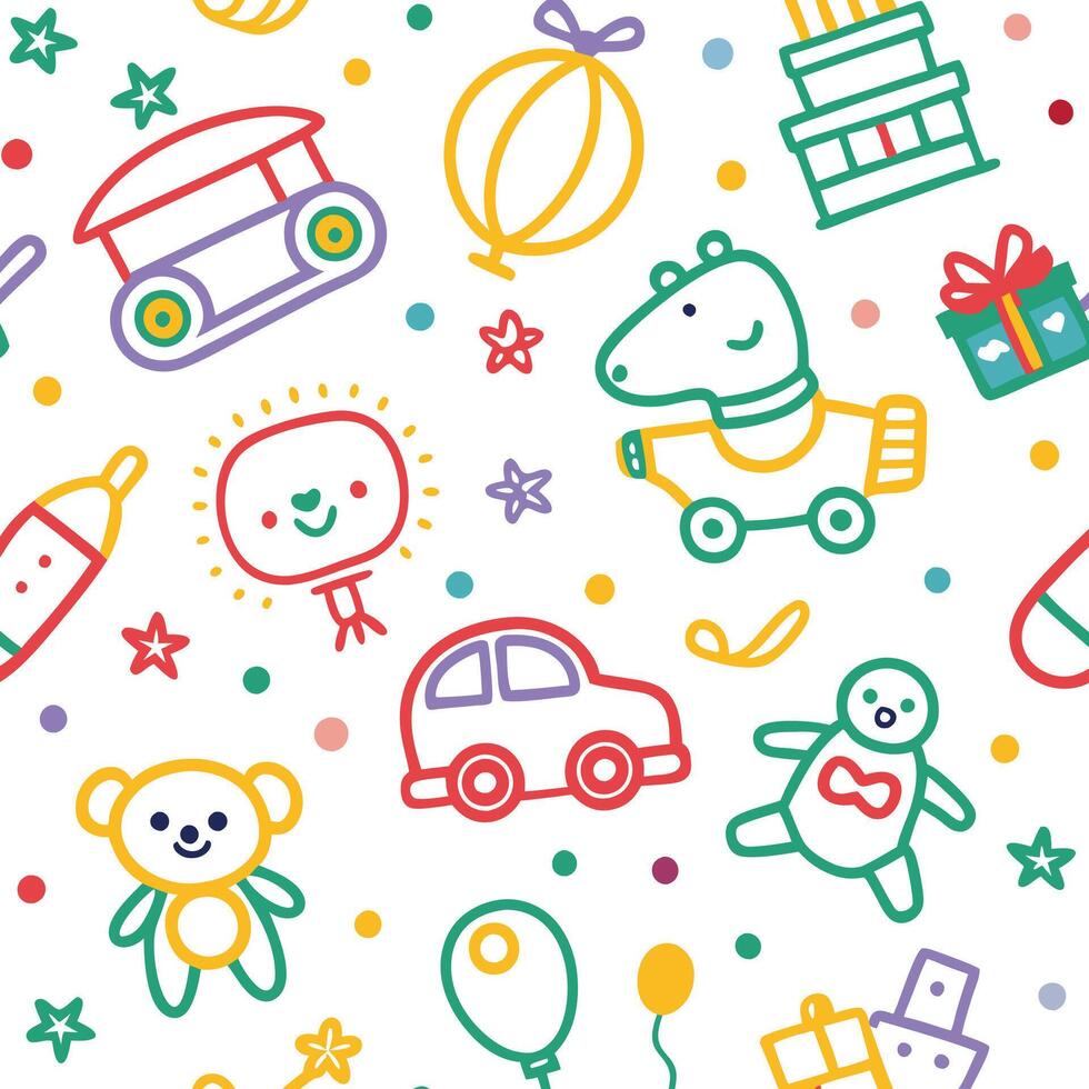 a colorful pattern with toys and other items vector