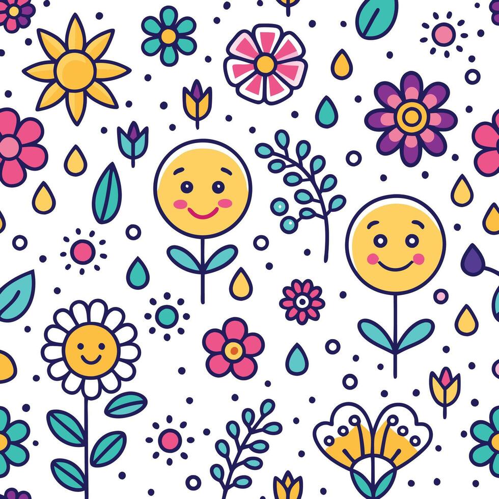 seamless pattern with flowers and smiley faces vector