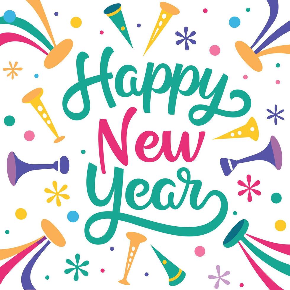 happy new year greeting card with colorful streamers and fireworks vector