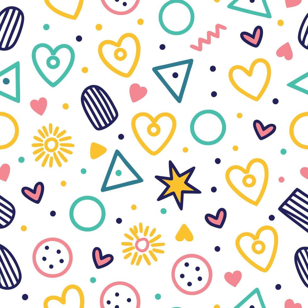 seamless pattern with colorful shapes and hearts vector