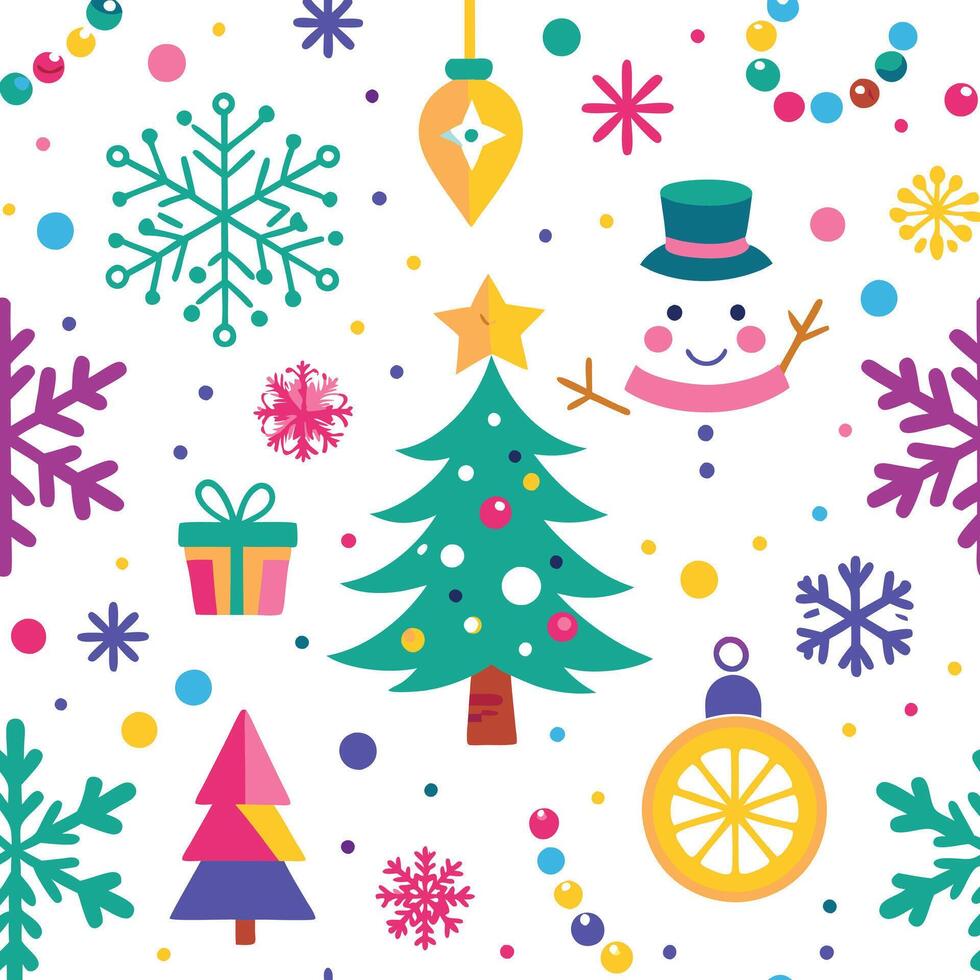 christmas seamless pattern with snowman, tree, snowflakes and other decorations vector