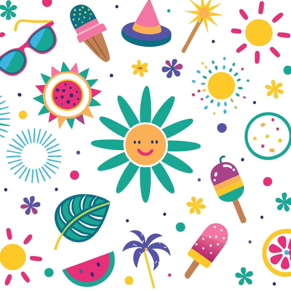 summer seamless pattern with sun, ice cream, palm tree, and other items vector