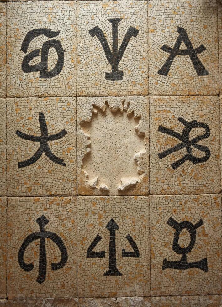a mosaic floor with several different religious symbols on it photo