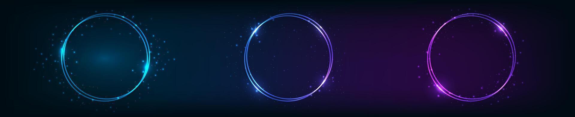 Neon double round frame with shining effects vector