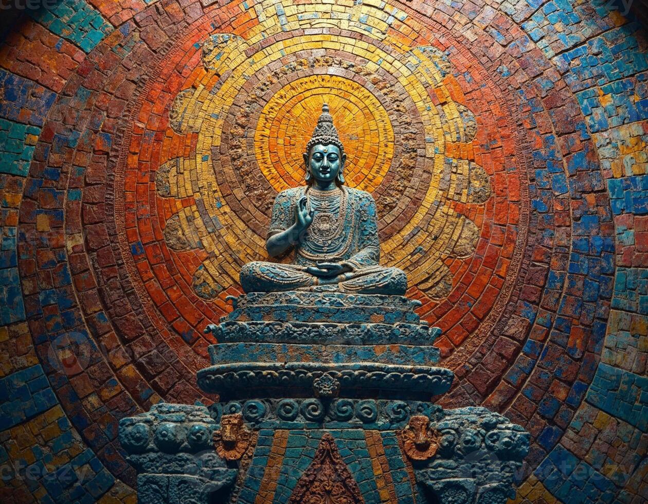 a buddha statue is sitting in front of a colorful mosaic wall photo