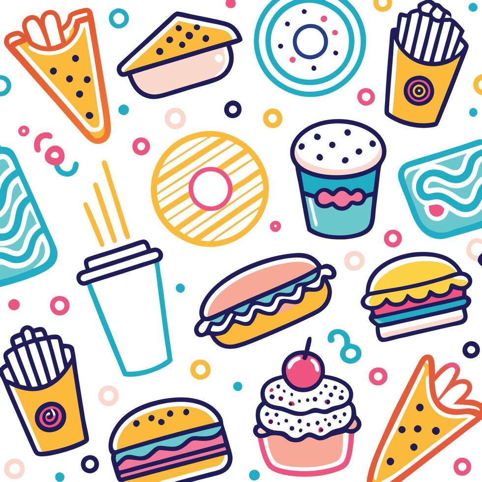 fast food icons and patterns on a white background vector