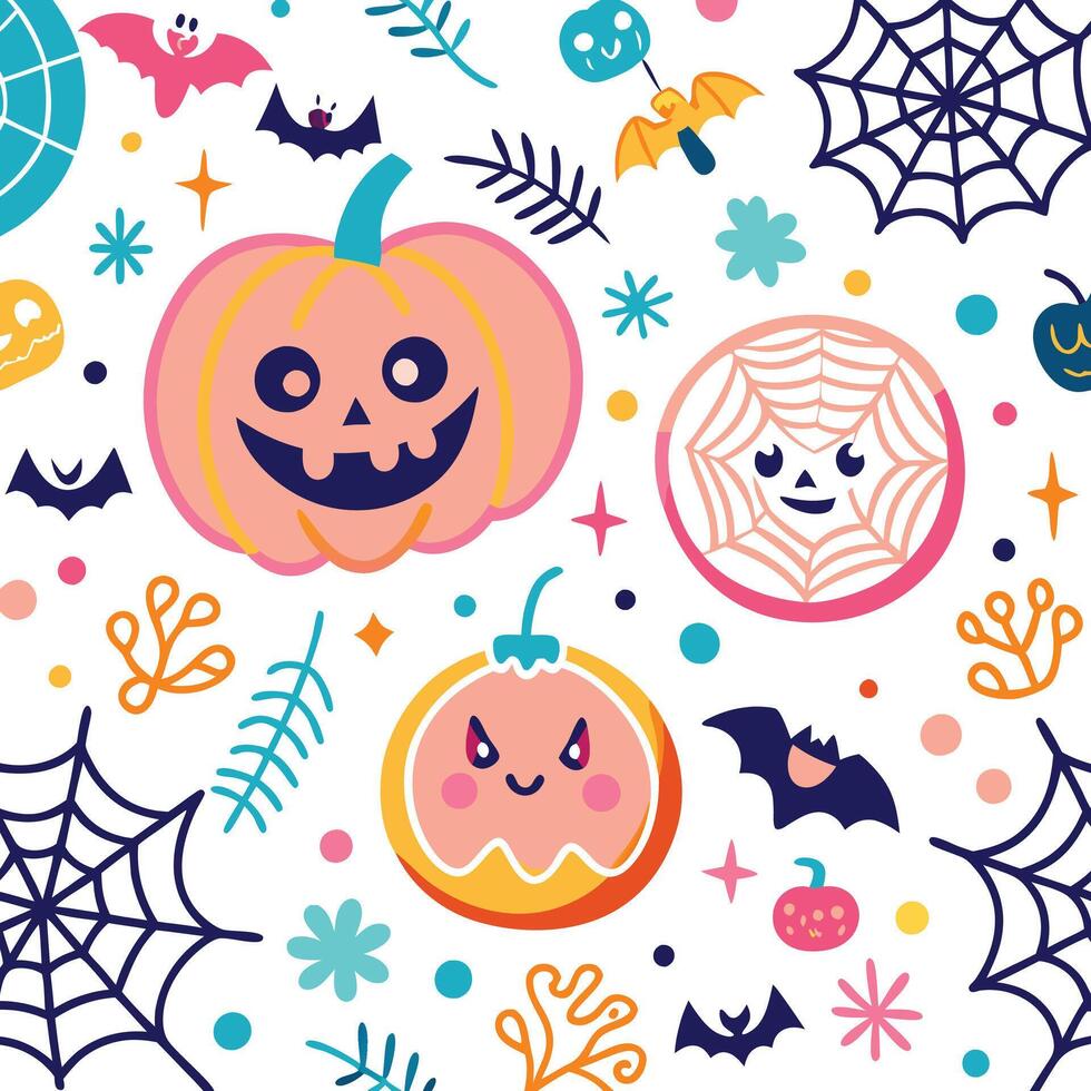 halloween seamless pattern with pumpkins, bats and spiders vector