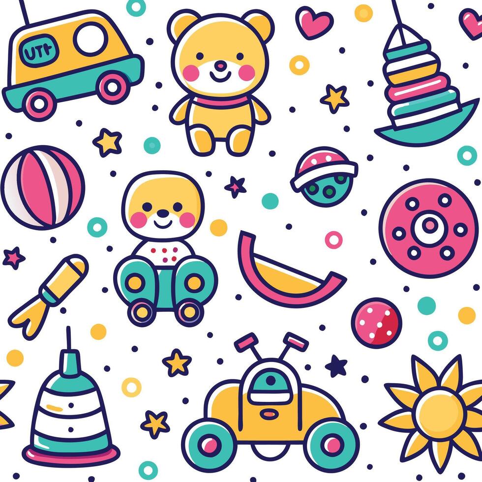 a colorful pattern with toys and other items vector