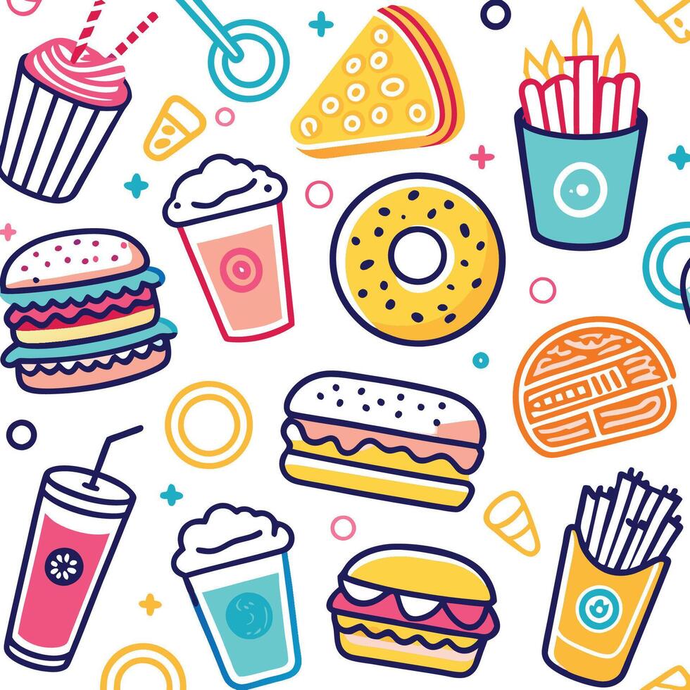 fast food seamless pattern with hamburgers, fries and drinks vector