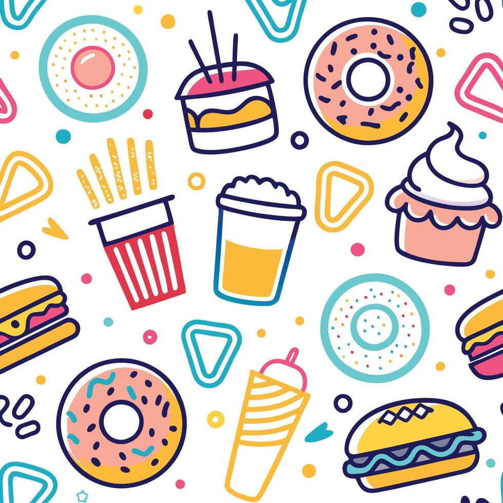 fast food seamless pattern with donuts, coffee and other items vector