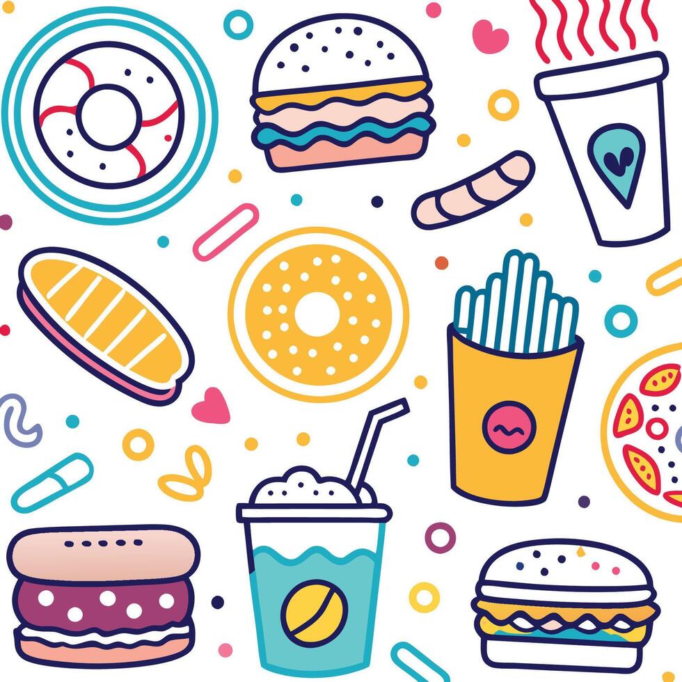 fast food icons set, including hamburger, fries, donut, coffee and soda vector