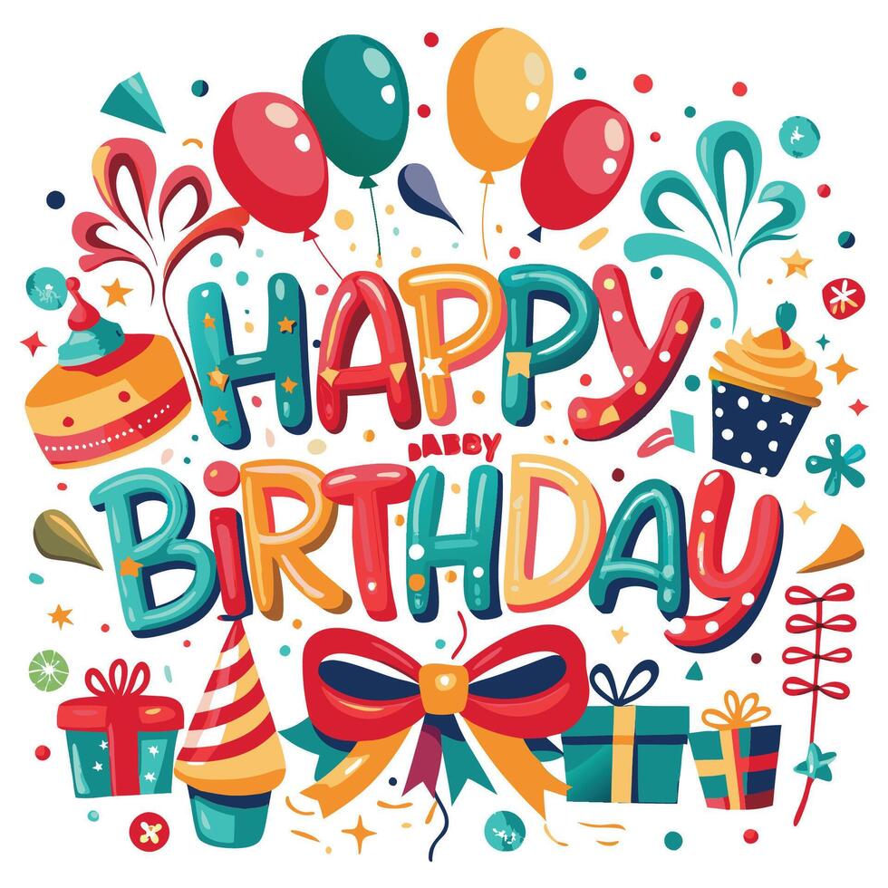 happy birthday card with colorful balloons, cupcakes, cake and other items vector