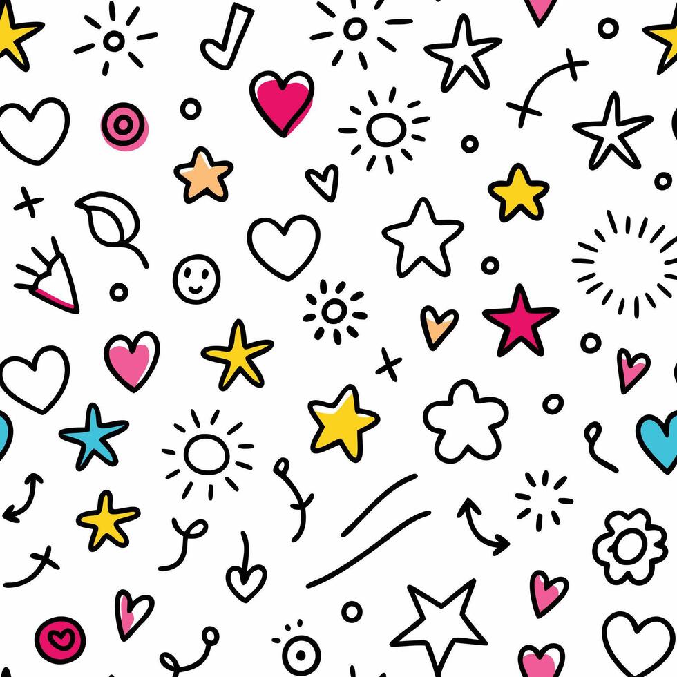 seamless pattern with doodle style icons and hearts vector