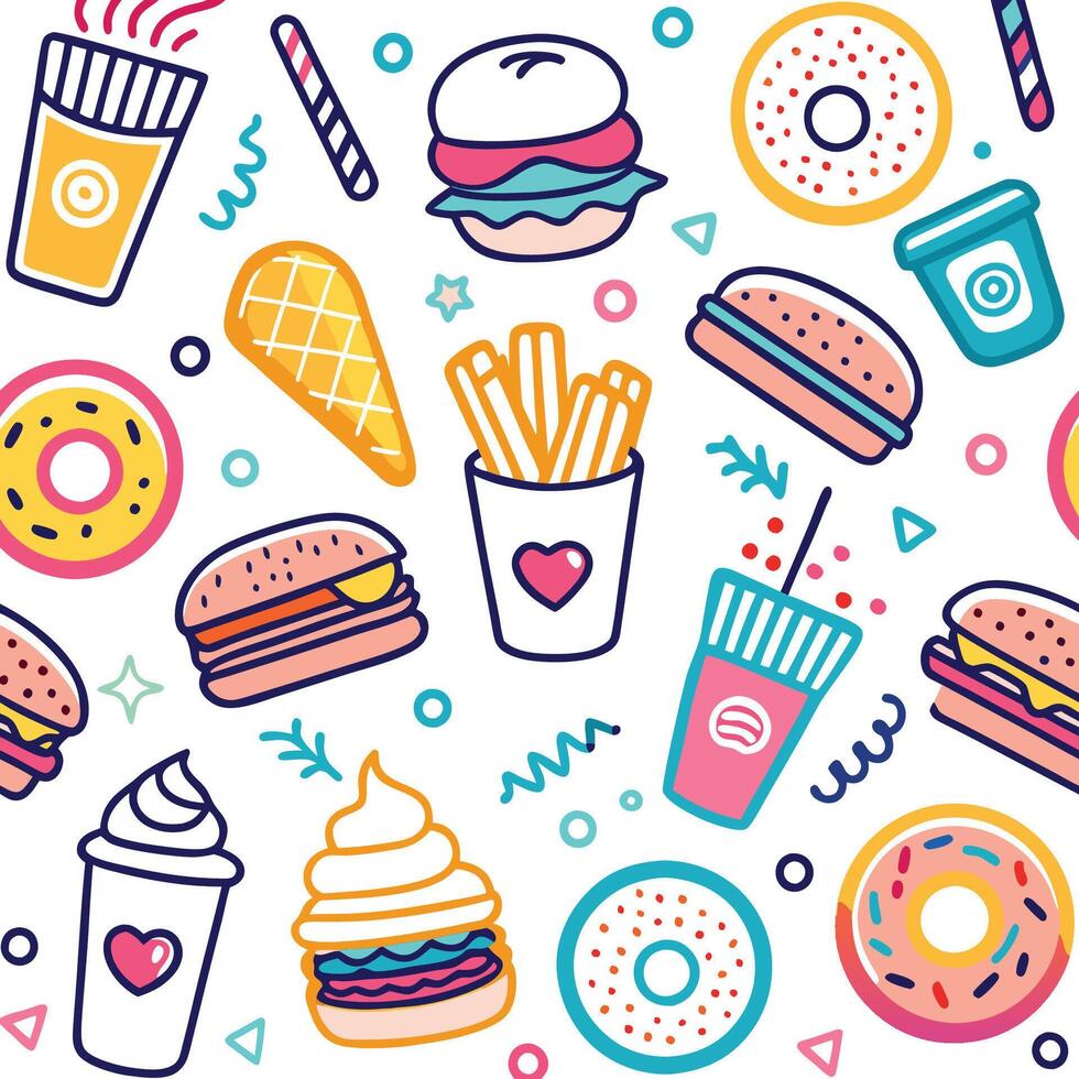 fast food seamless pattern with hamburgers, fries and donuts vector