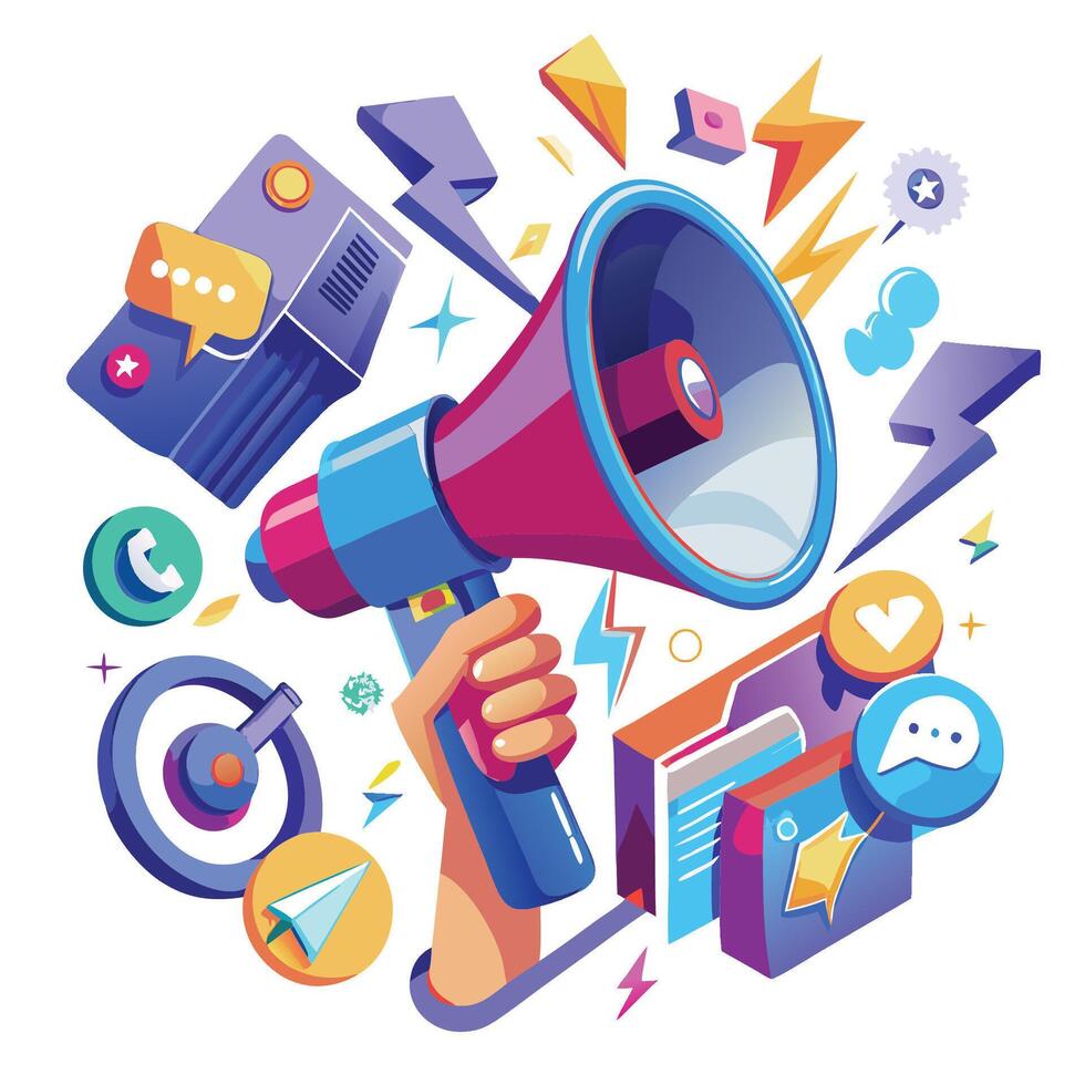 a hand holding a megaphone surrounded by various social icons vector
