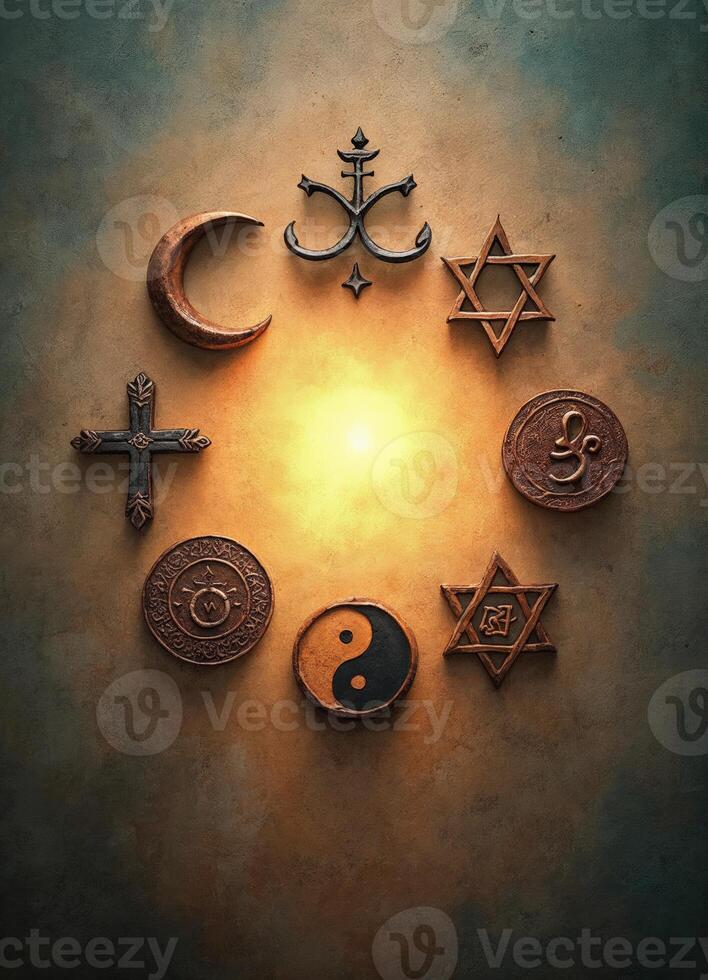 a circle of religious symbols with the sun shining in the grunge wall background photo